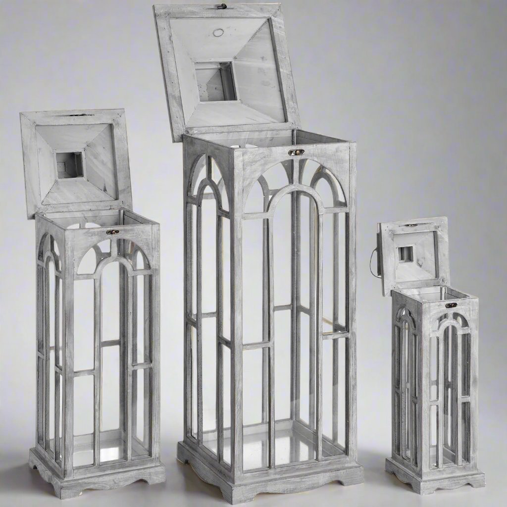 Set Of Three Wooden Lanterns With Archway Design