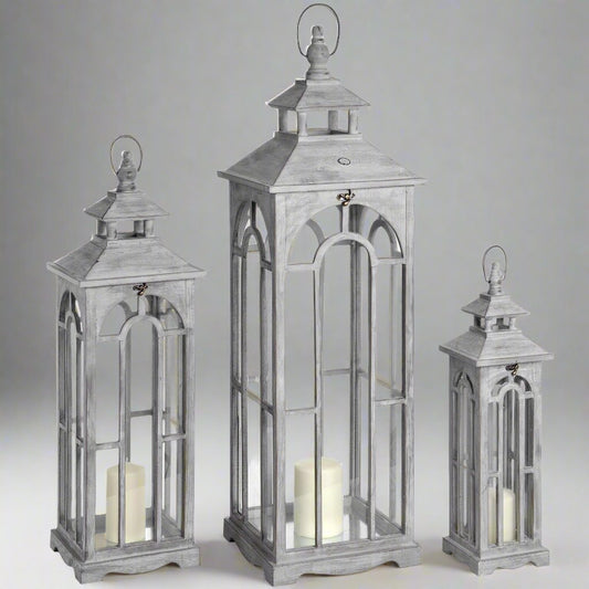 Set Of Three Wooden Lanterns With Archway Design