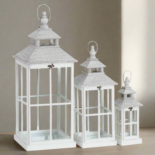 Set Of 3 White Window Style Lanterns With Open Top