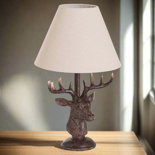 Stag Head Table Lamp With Linen Shade