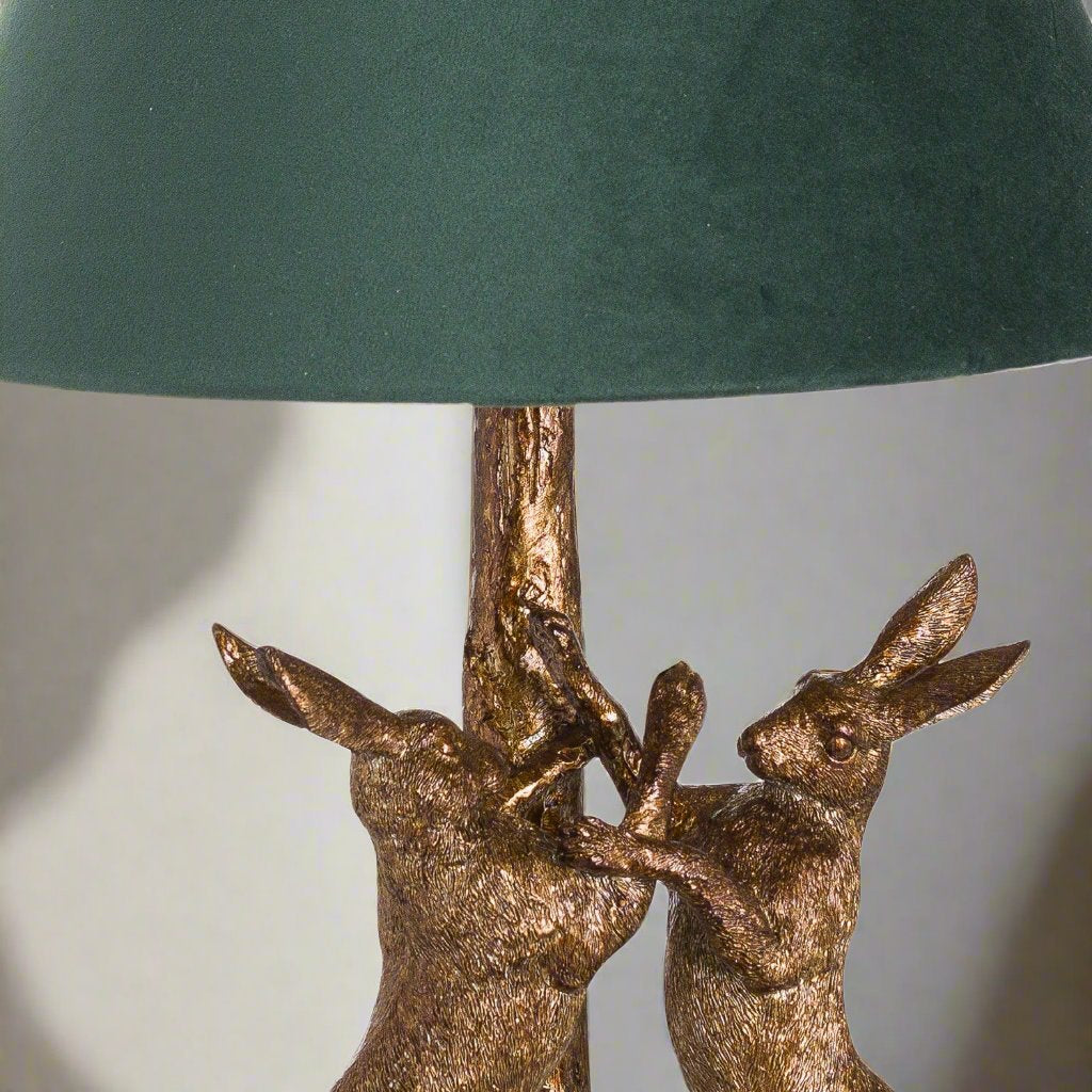 Antique Gold Marching Hares Lamp With Green Velvet Shade