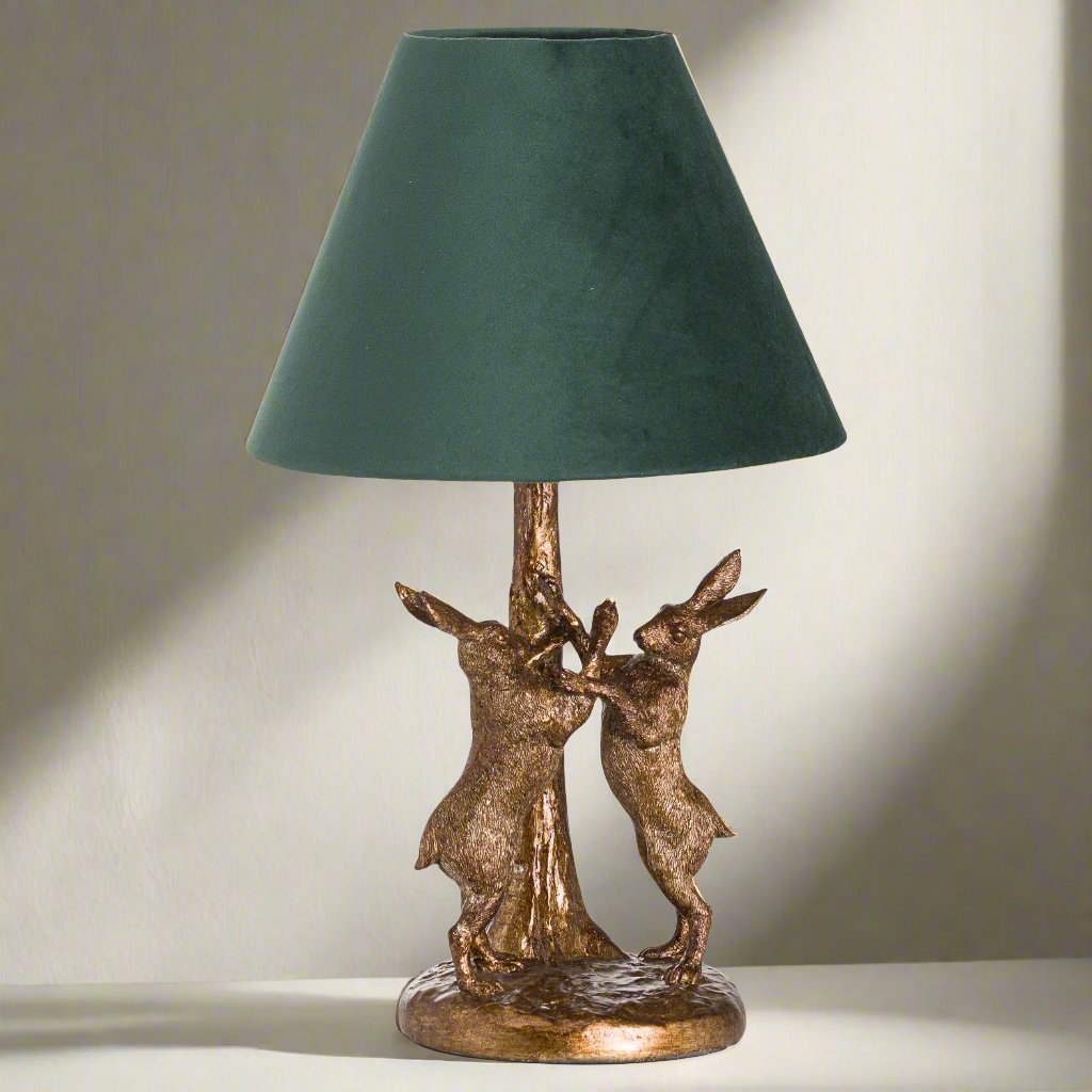 Antique Gold Marching Hares Lamp With Green Velvet Shade