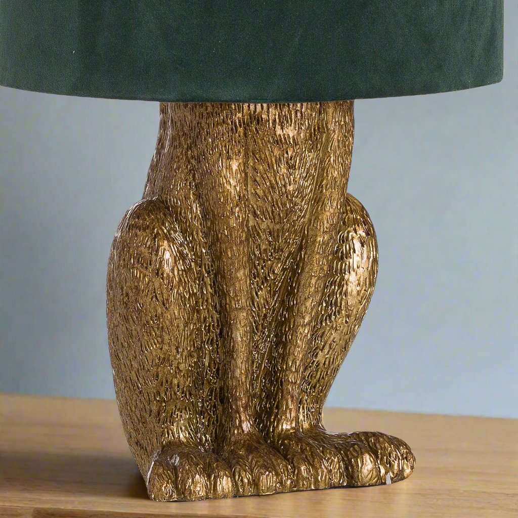 Antique Gold Hare Table Lamp With Green Velvet Shade