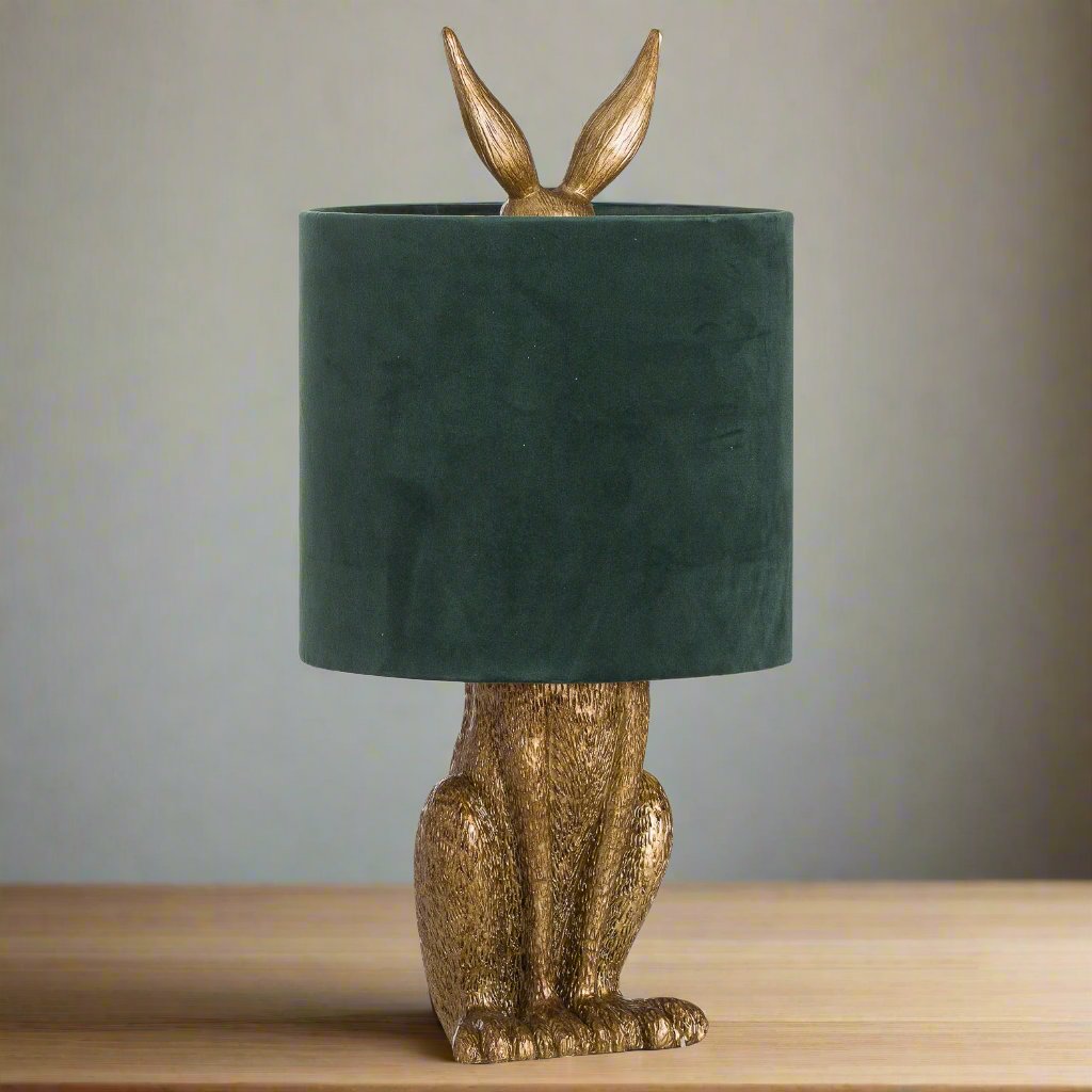 Antique Gold Hare Table Lamp With Green Velvet Shade