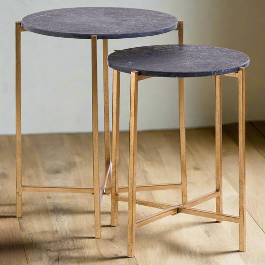 Set Of 2 Gold And Black Marble Tables