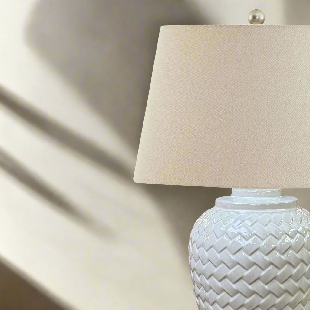 Woven Ceramic Table Lamp With Linen Shade