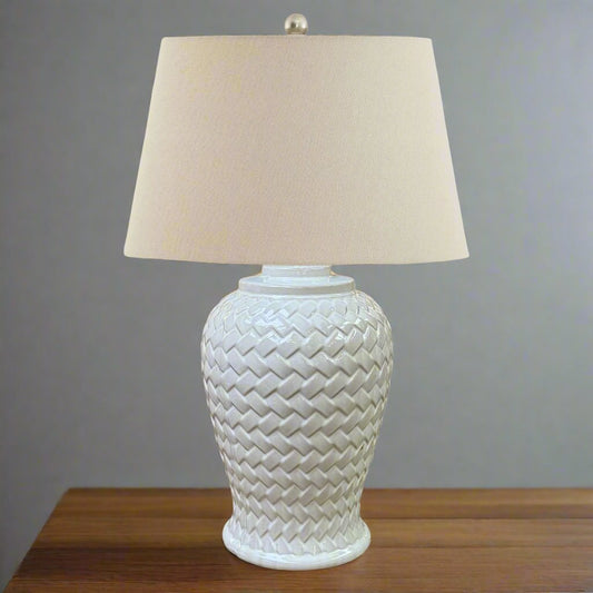 Woven Ceramic Table Lamp With Linen Shade