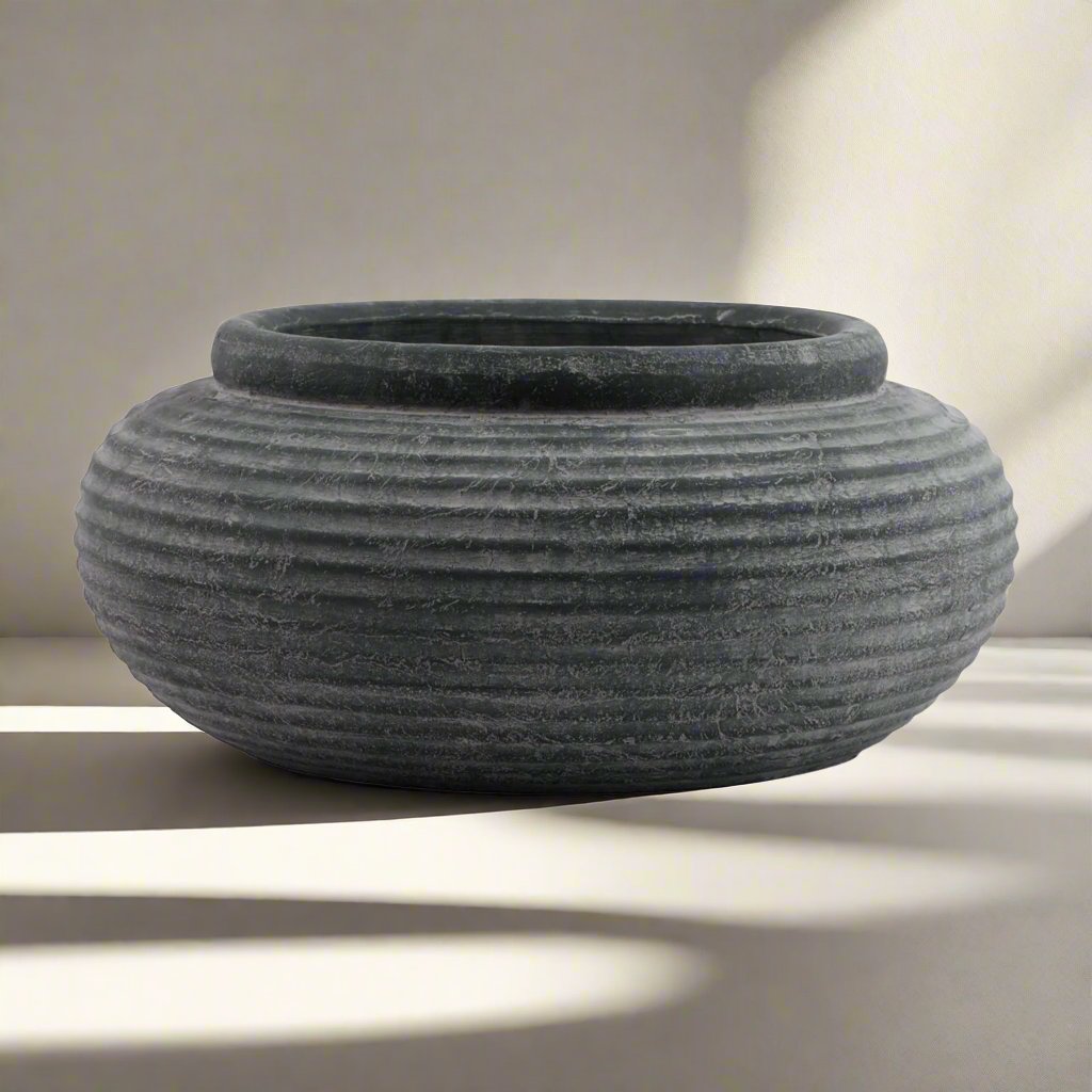 Amalfi Grey Round Ribbed Planter