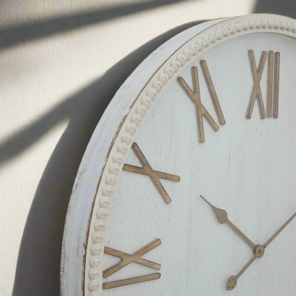 Large Rustic White Clock With Beaded Frame