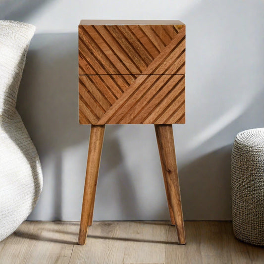 Mini Lillie Solid Mango Wood Bedside Table | Hand-Carved Drawers and Oak Finish for a Scandinavian-Inspired Design