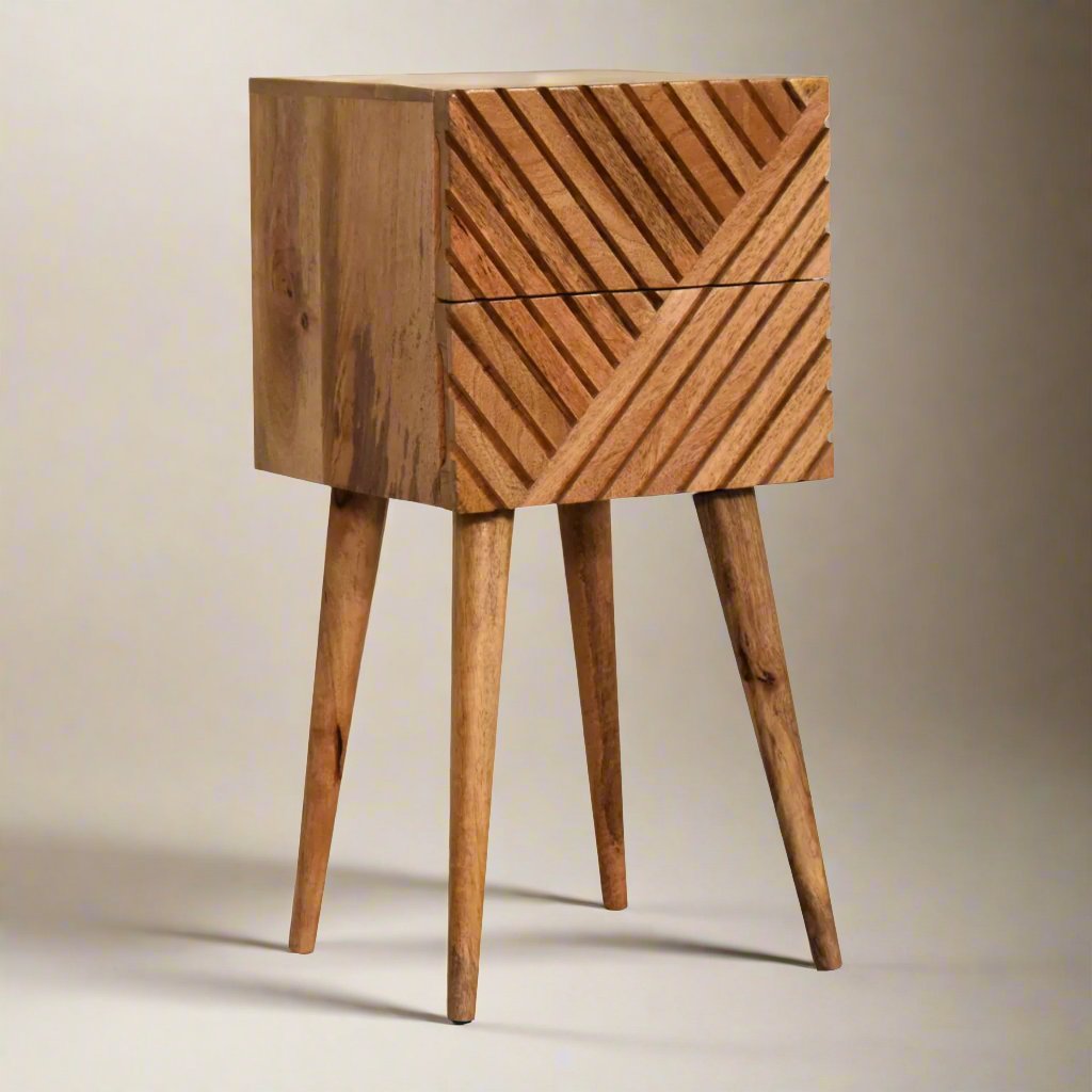 Mini Lillie Solid Mango Wood Bedside Table | Hand-Carved Drawers and Oak Finish for a Scandinavian-Inspired Design