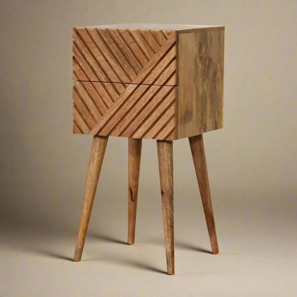 Mini Lillie Solid Mango Wood Bedside Table | Hand-Carved Drawers and Oak Finish for a Scandinavian-Inspired Design