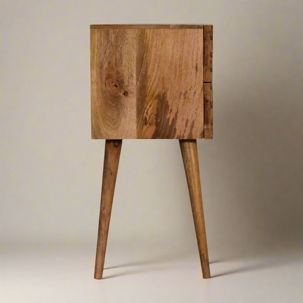 Mini Lillie Solid Mango Wood Bedside Table | Hand-Carved Drawers and Oak Finish for a Scandinavian-Inspired Design