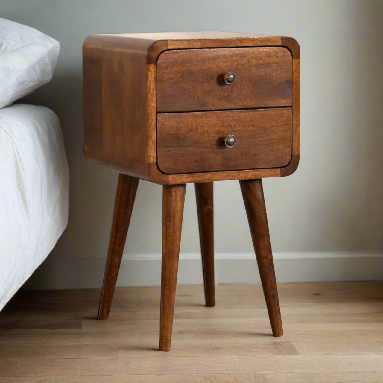 Mini Chestnut Curved Bedside with 2 Drawers