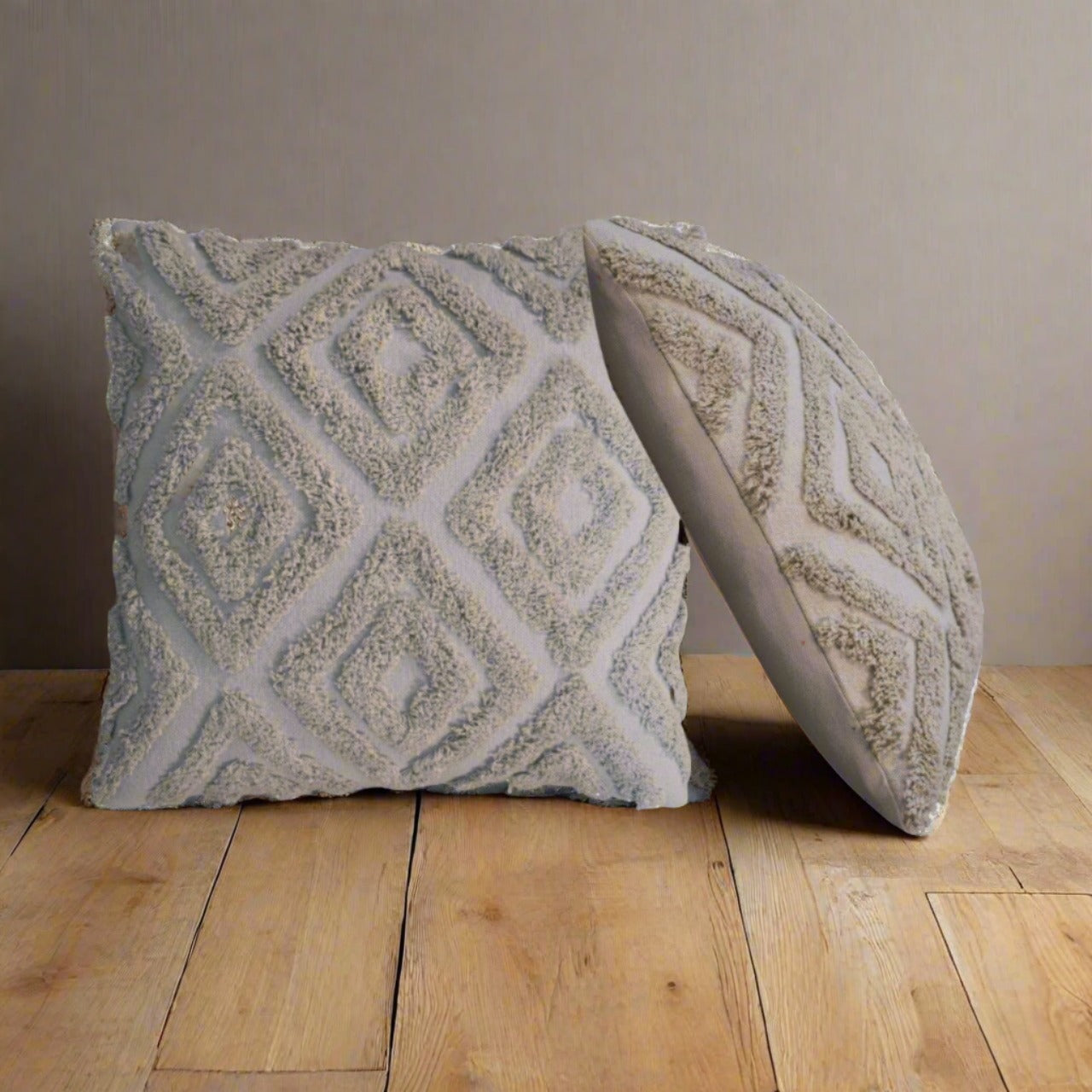 2 Grey Mini Diamond Tassle Cushions