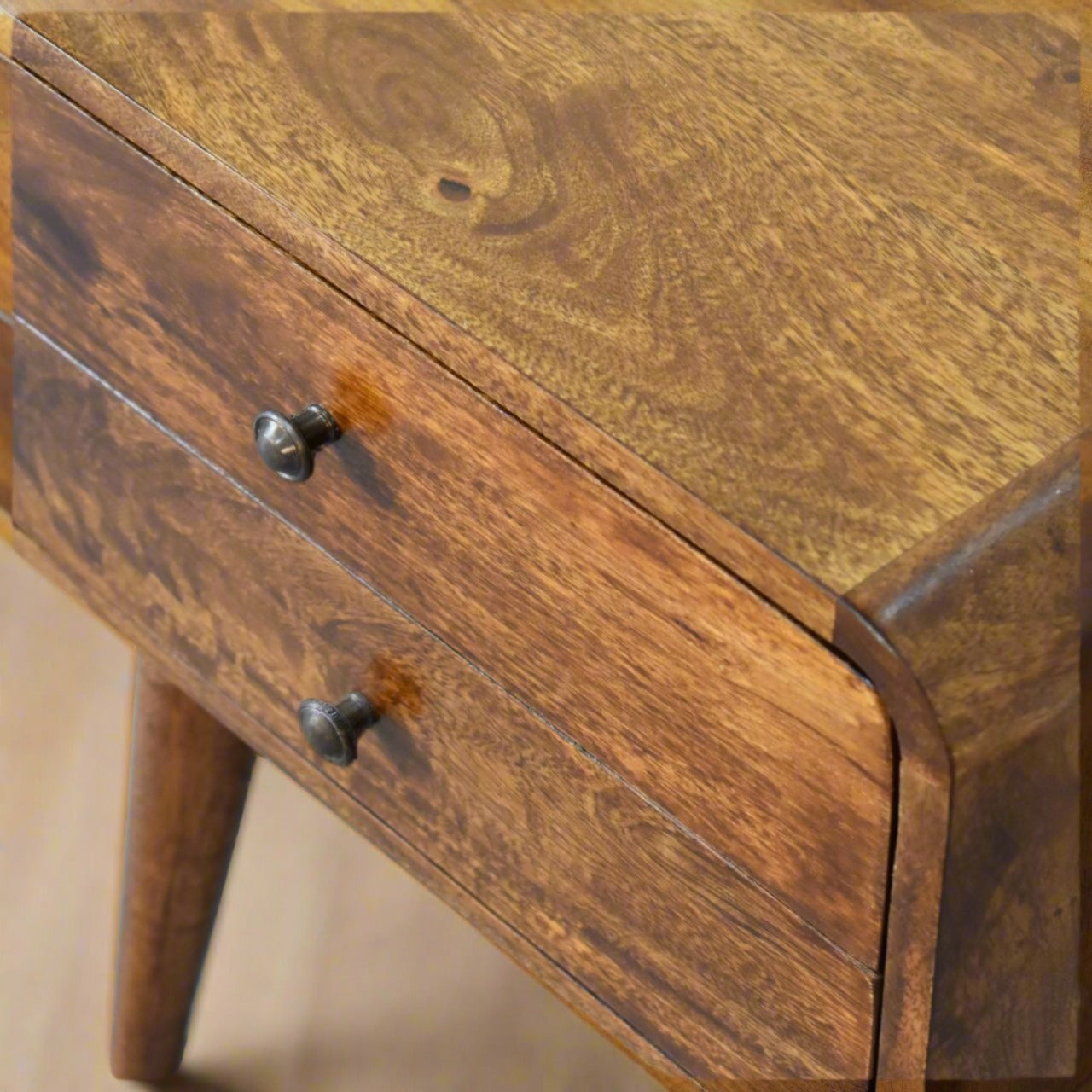 Chestnut Curved Bedside with 2 Drawers