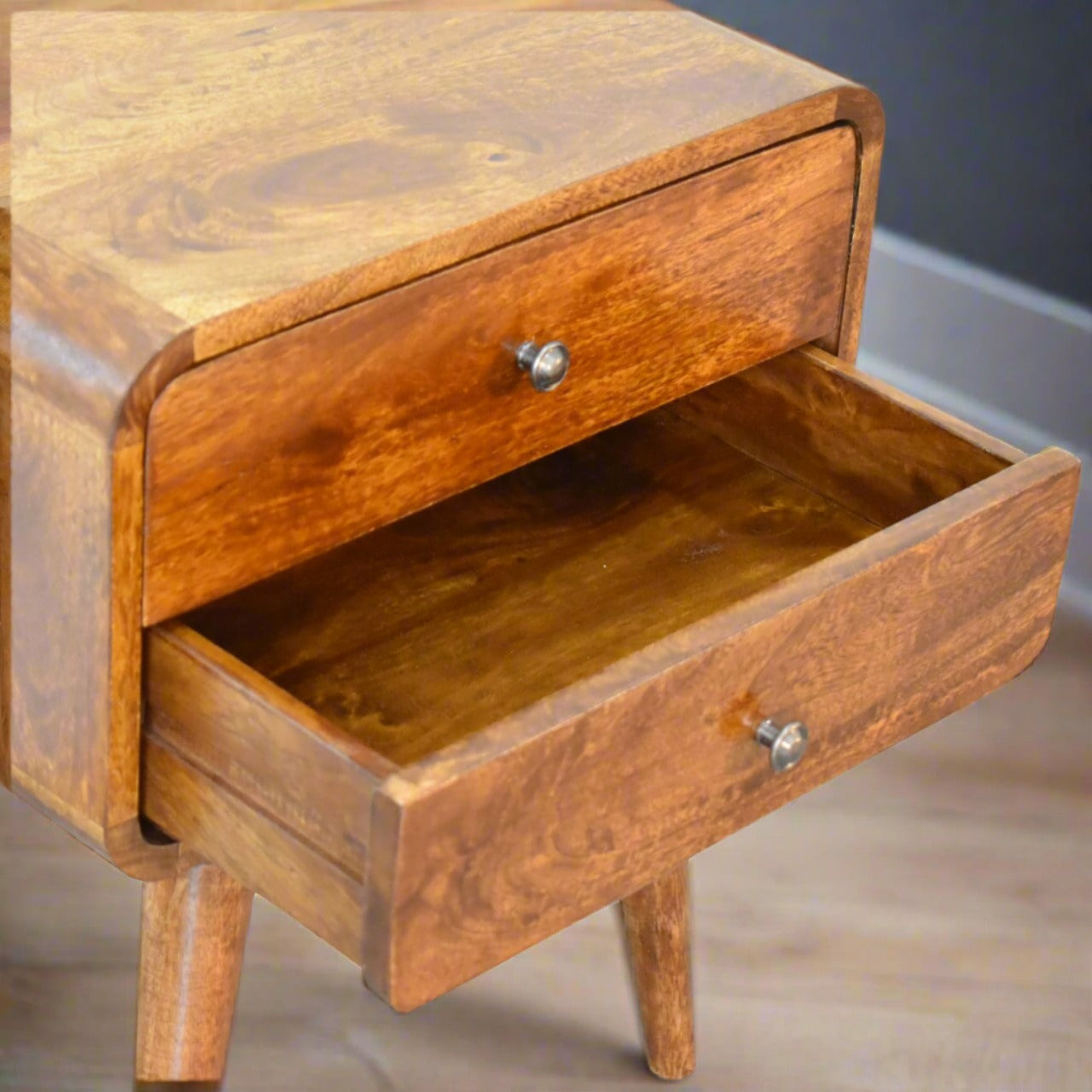 Chestnut Curved Bedside with 2 Drawers