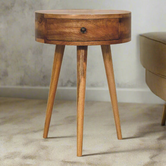 Mini Oak Finish Circular Shape Bedside table with 1 Drawer