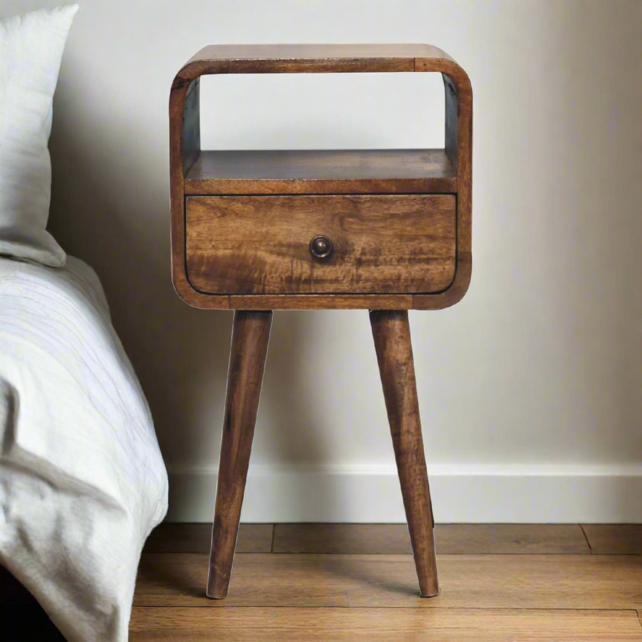 Mini Grey Wash Curve Bedside table with 1 Drawer