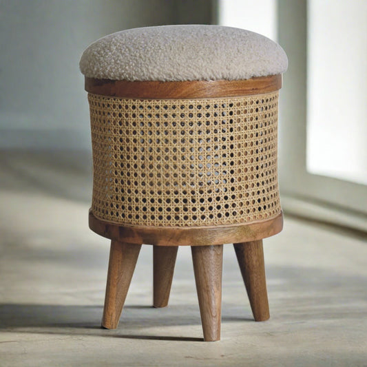 Cream Larissa Rattan and Boucle Stool – Nordic-Style Natural Accent for Modern Interiors