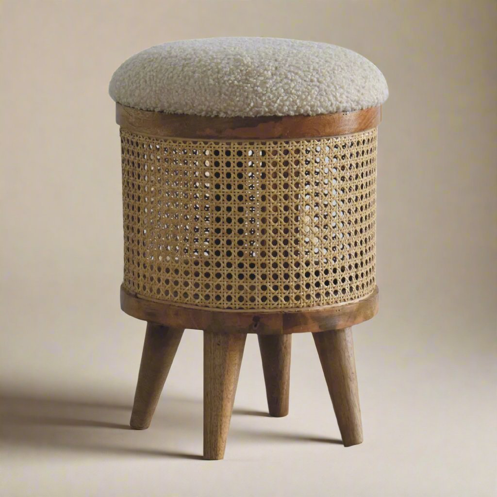 Cream Larissa Rattan and Boucle Stool – Nordic-Style Natural Accent for Modern Interiors