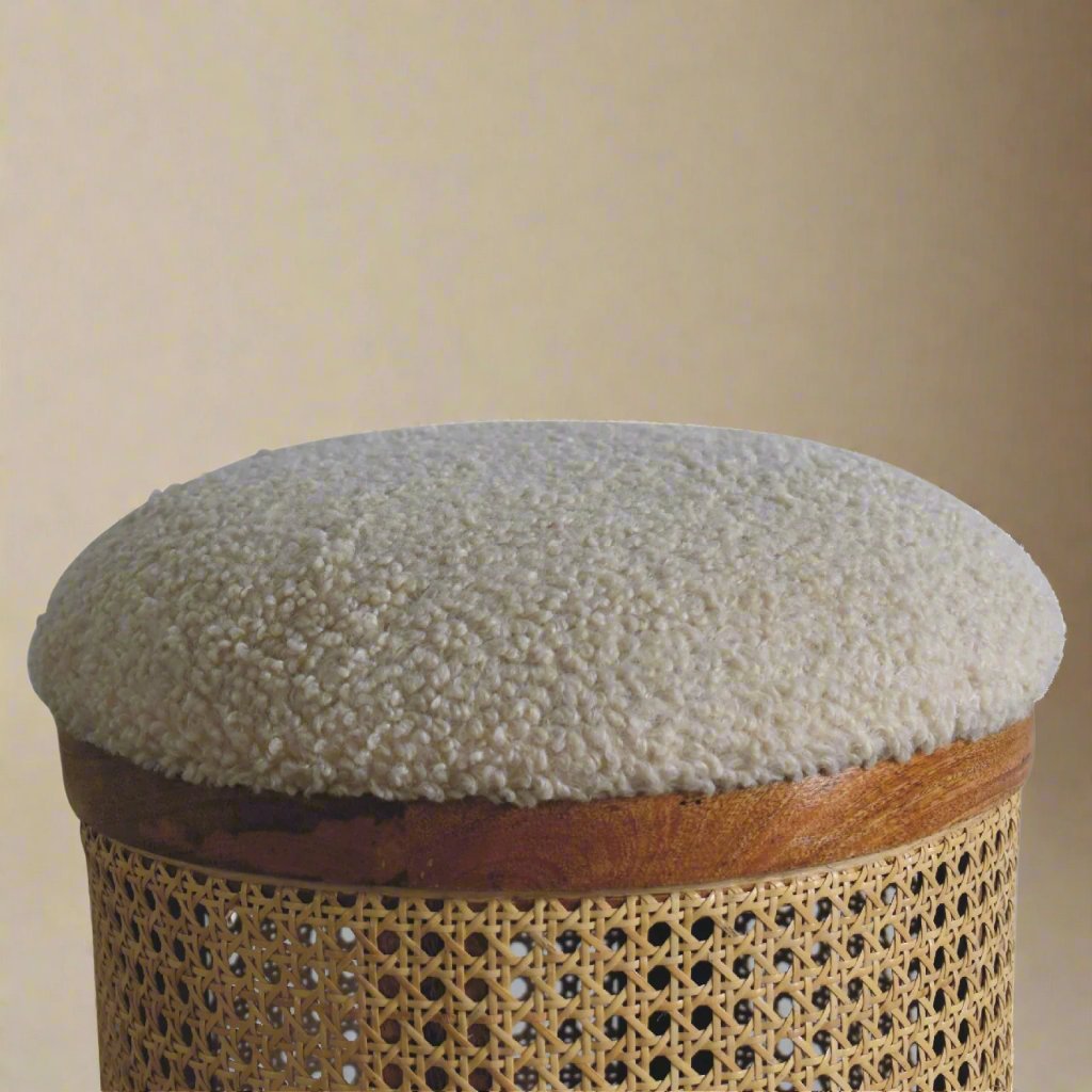 Cream Larissa Rattan and Boucle Stool – Nordic-Style Natural Accent for Modern Interiors