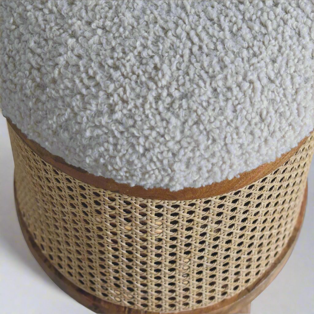 Cream Larissa Rattan and Boucle Stool – Nordic-Style Natural Accent for Modern Interiors