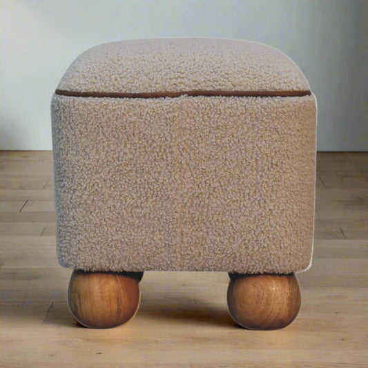 Serenity Footstool with Ball Feet | Handwoven Round Footstool | 100% Cotton | Natural Yarn with Solid Mango Wood Legs