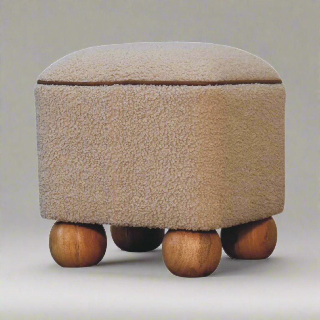 Serenity Footstool with Ball Feet | Handwoven Round Footstool | 100% Cotton | Natural Yarn with Solid Mango Wood Legs