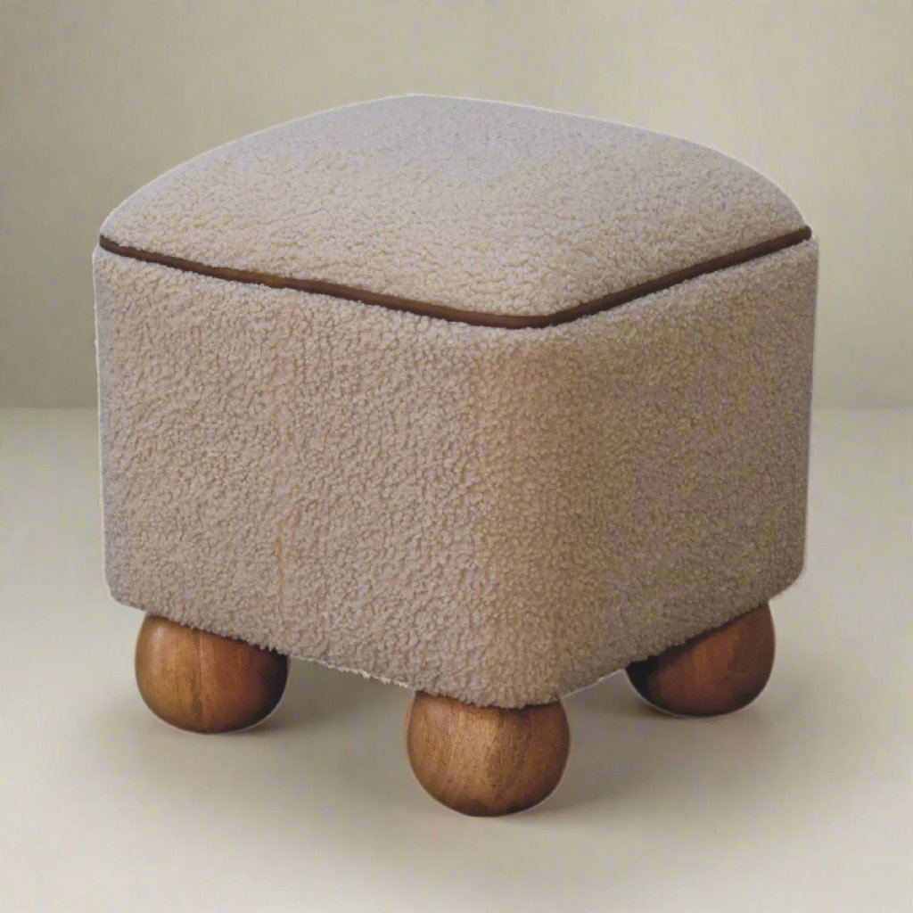 Serenity Footstool with Ball Feet | Handwoven Round Footstool | 100% Cotton | Natural Yarn with Solid Mango Wood Legs