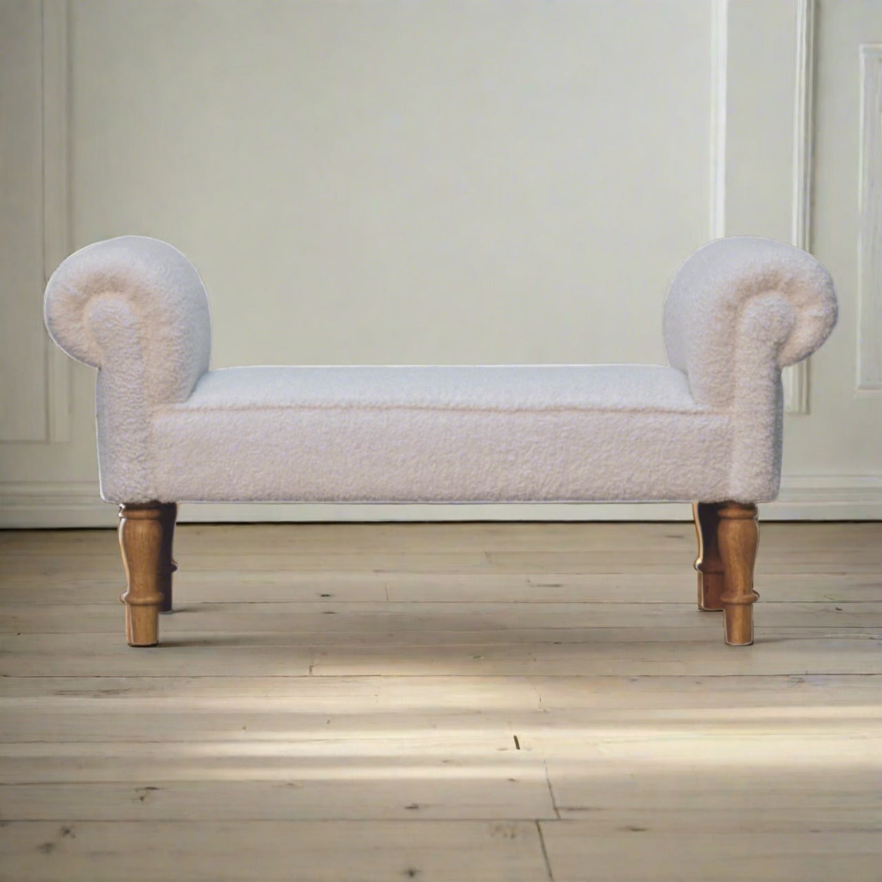 White Boucle Bedroom Bench - Solid Mango Wood Legs | Modern UK Furniture