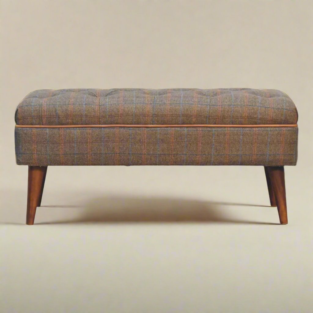 Chic Upholstered Bench with Multi-Tweed Fabric and Solid Mango Wood Legs