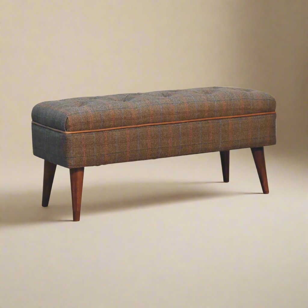 Chic Upholstered Bench with Multi-Tweed Fabric and Solid Mango Wood Legs