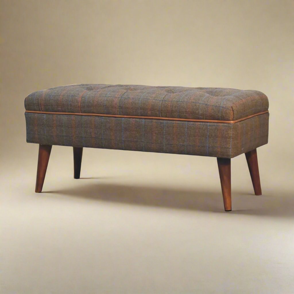 Chic Upholstered Bench with Multi-Tweed Fabric and Solid Mango Wood Legs