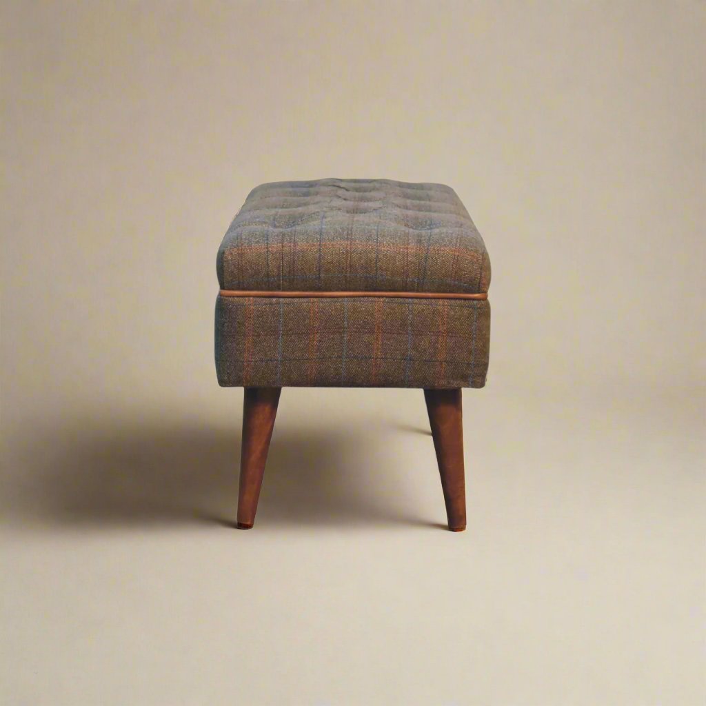 Chic Upholstered Bench with Multi-Tweed Fabric and Solid Mango Wood Legs