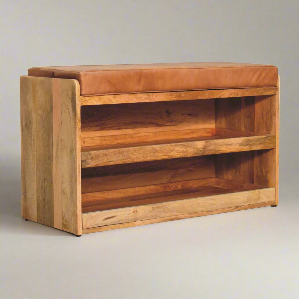 Elegant Solid Mango Wood Shoe Storage Cabinet with Buffalo Tan Leather Top