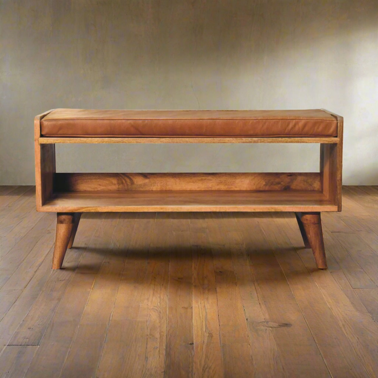 Solid Mango Wood Bench | Chestnut Finish with Tan Leather Upholstered Seat