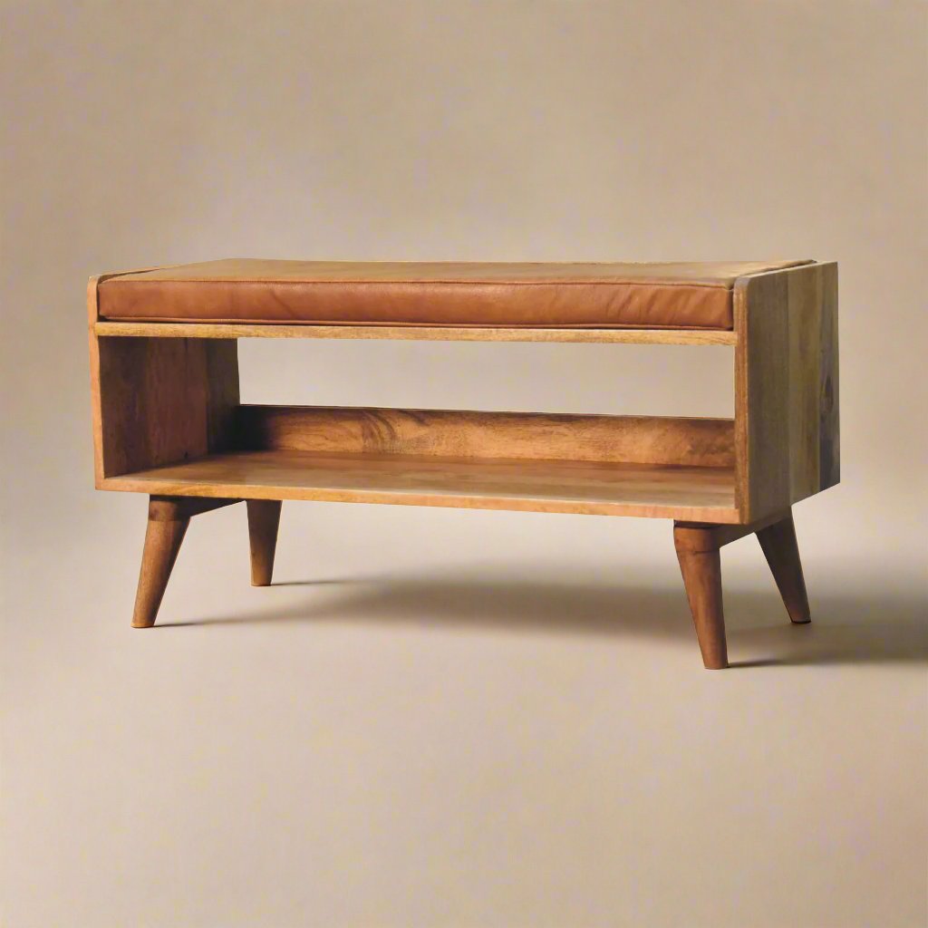 Solid Mango Wood Bench | Chestnut Finish with Tan Leather Upholstered Seat