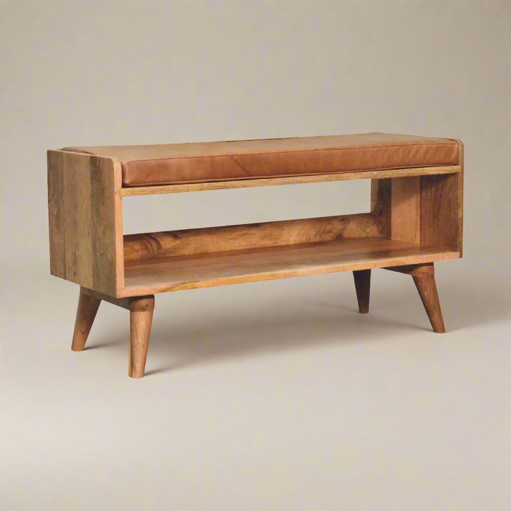 Solid Mango Wood Bench | Chestnut Finish with Tan Leather Upholstered Seat