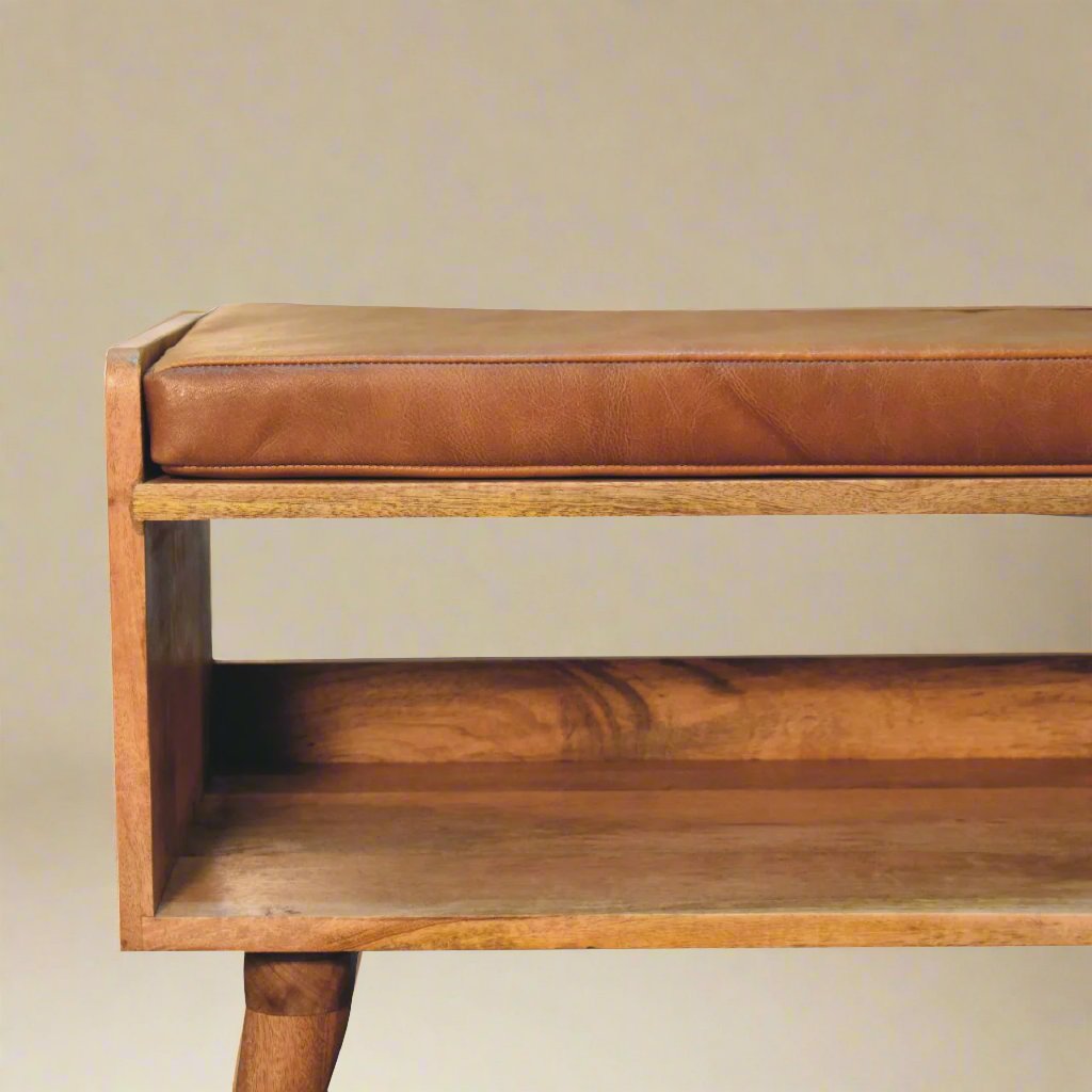 Solid Mango Wood Bench | Chestnut Finish with Tan Leather Upholstered Seat