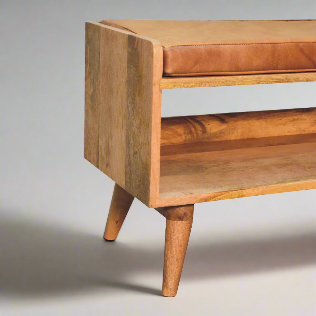 Solid Mango Wood Bench | Chestnut Finish with Tan Leather Upholstered Seat