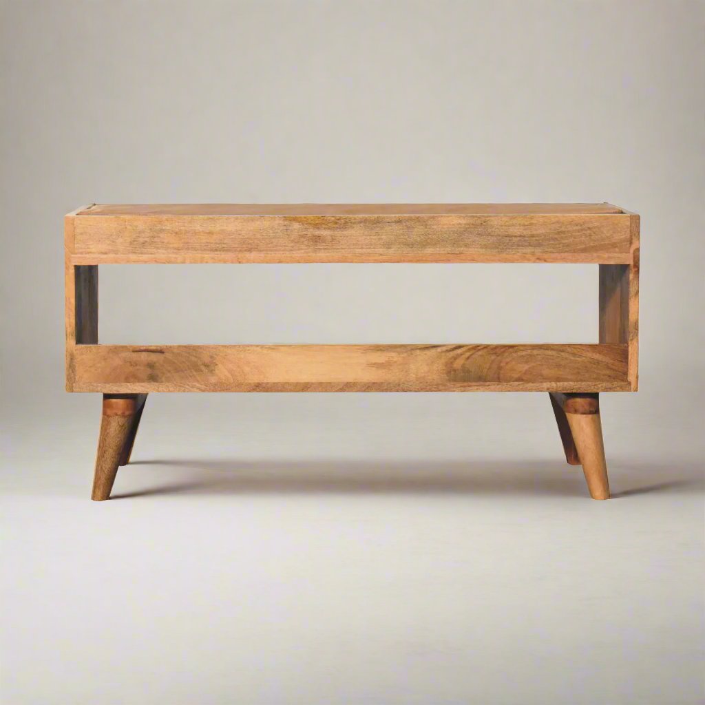 Solid Mango Wood Bench | Chestnut Finish with Tan Leather Upholstered Seat