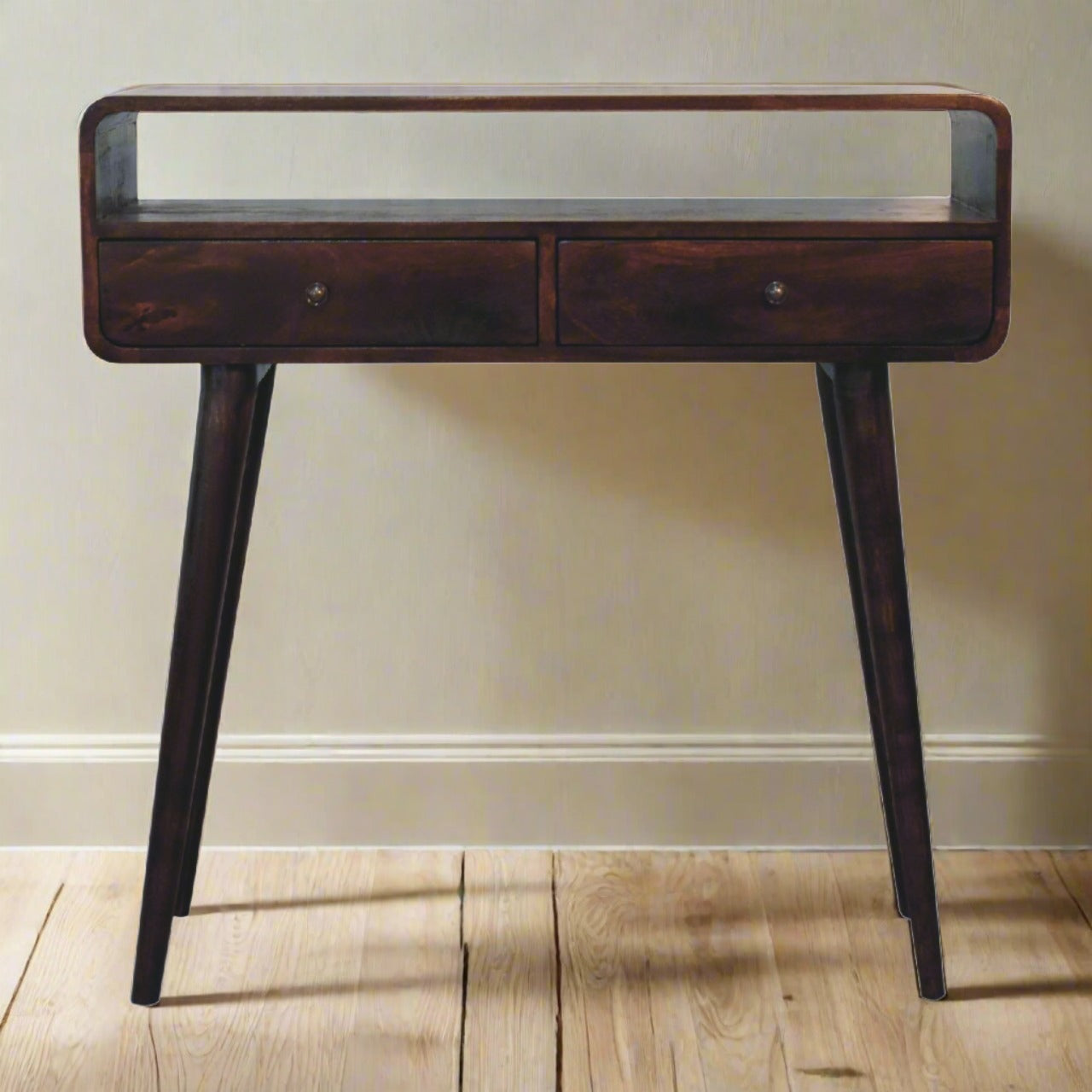 Curved Light Walnut Console Table with Drawers