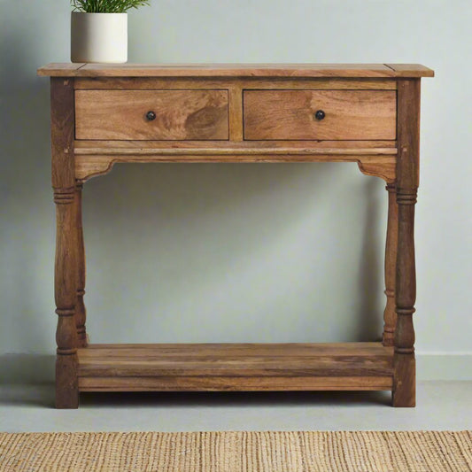 Granary 2 Drawer Console Table | Solid Mango Wood Console Table | Hand-Distressed Oak Finish with Brass Knobs and Lower Shelf