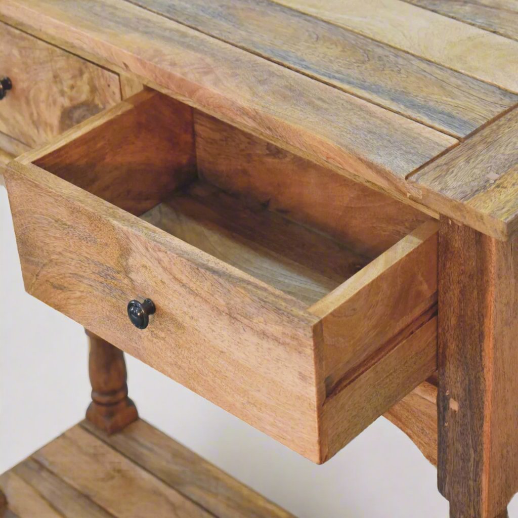 Granary 2 Drawer Console Table | Solid Mango Wood Console Table | Hand-Distressed Oak Finish with Brass Knobs and Lower Shelf