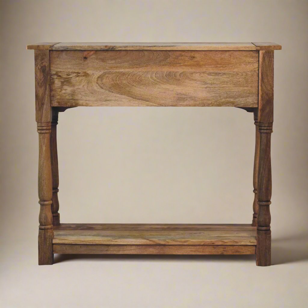 Granary 2 Drawer Console Table | Solid Mango Wood Console Table | Hand-Distressed Oak Finish with Brass Knobs and Lower Shelf