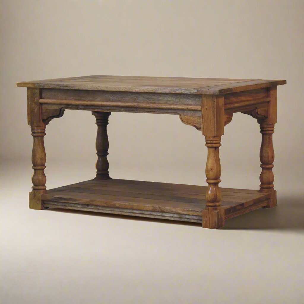 Rustic Solid Mango Wood Coffee Table | Hand-Distressed Oak Finish with Under-Shelf | Hand-Turned Legs