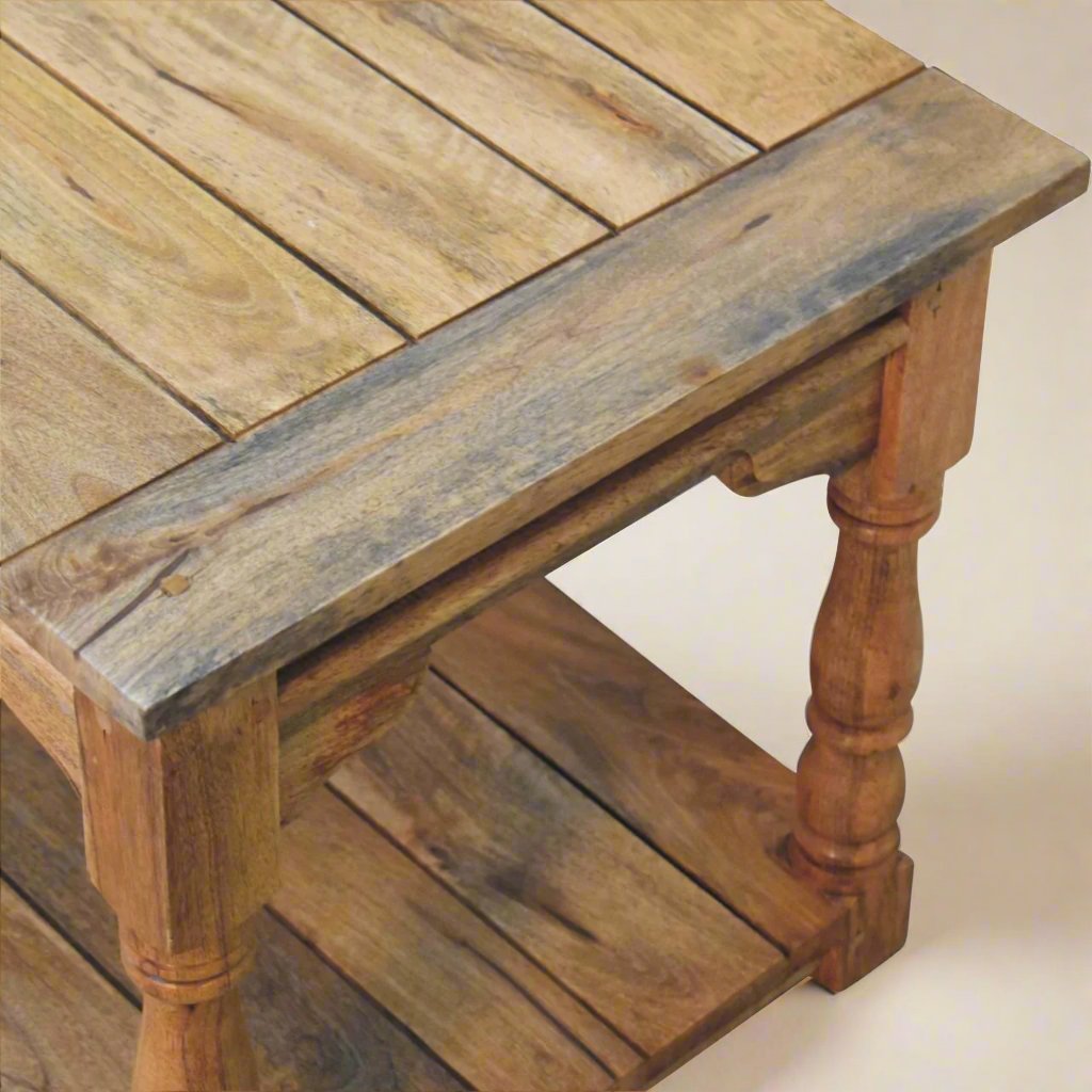 Rustic Solid Mango Wood Coffee Table | Hand-Distressed Oak Finish with Under-Shelf | Hand-Turned Legs