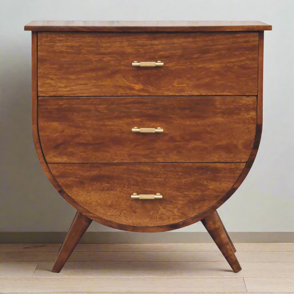 Agra Solid Mango Wood Bedside Table | Chestnut Finish with Nordic-Style Legs and Gold Accents