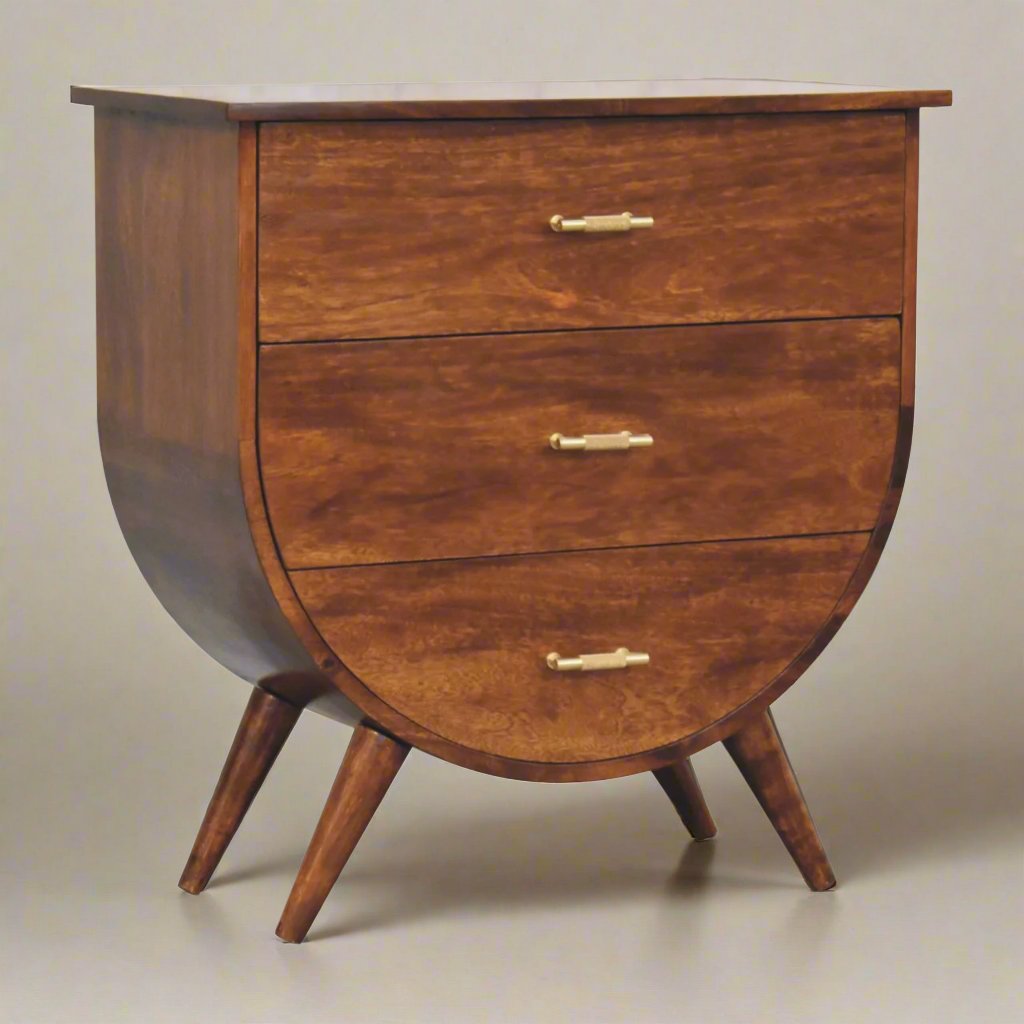 Agra Solid Mango Wood Bedside Table | Chestnut Finish with Nordic-Style Legs and Gold Accents